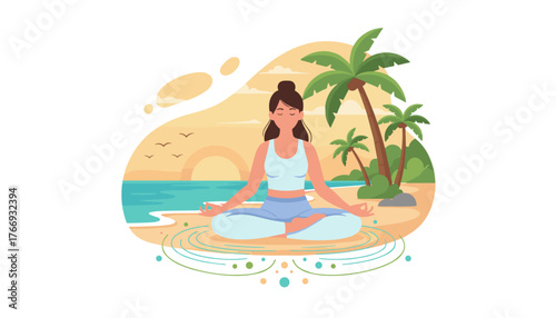 Serene woman meditating in a yoga pose on a tranquil summer beach at sunset, with palm trees, gentle waves, and a warm sky, embodying peace and mindfulness.