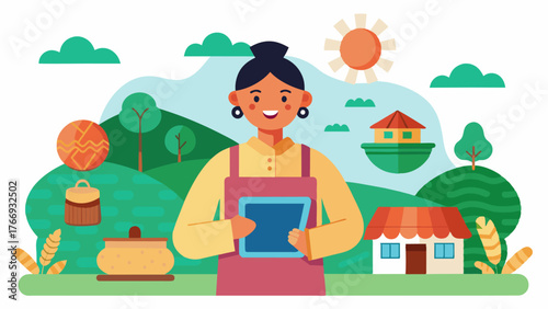 A volunteer in a rural village creates a website to showcase local crafts and products helping artisans gain a wider customer base and generate income.. Vector illustration