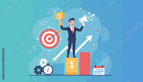 Successful businessman celebrating victory with a trophy and megaphone, standing on a podium, symbolizing achievement and business goal success, with a target, gears, calendar, and upward trending