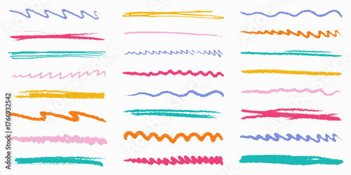 Colorful crayon sketch arrows with chalk underlines and messy swirls, scribble style direction pointers and grainy effect.