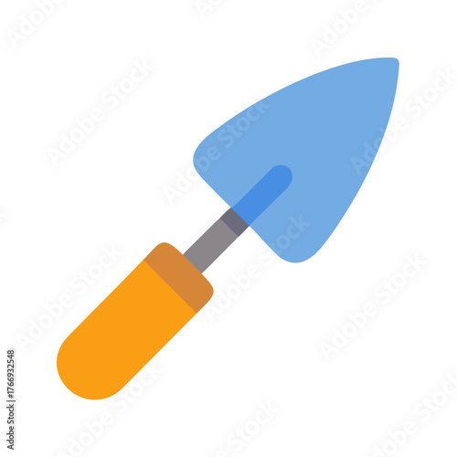 Isolated pale blue trowel gardening tool with bright orange handle on black background