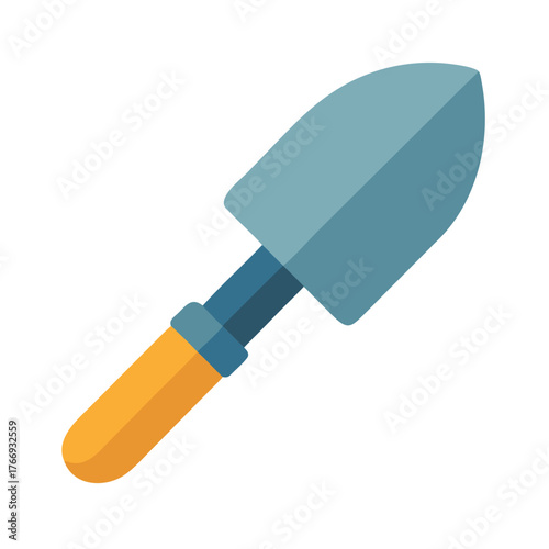Isolated gardening trowel on black background featuring blue blade and orange handle