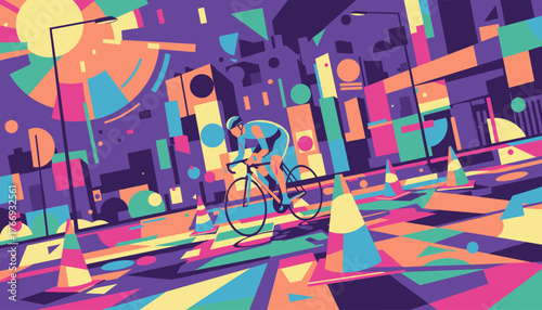 Abstract vibrant urban scene featuring a cyclist in motion, surrounded by geometric shapes, traffic cones, and stylized city buildings under a large, colorful sun or moon, evoking a sense of dynamic