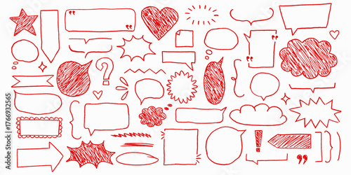 Kids color borders in sketch style with bright red playful scribbles and cute shapes, naive doodle speech bubbles and text box chalkboard, cheerful childish charm.