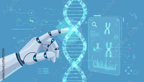 Futuristic AI robot hand interacting with a glowing digital DNA helix and chromosome data on a futuristic interface, representing advancements in biotechnology, genetic research, and artificial