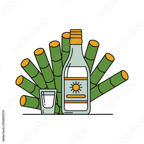 Flat illustration of a bottle and shot glass with sugarcane stalks and a sun symbol green yellow vector illustration.