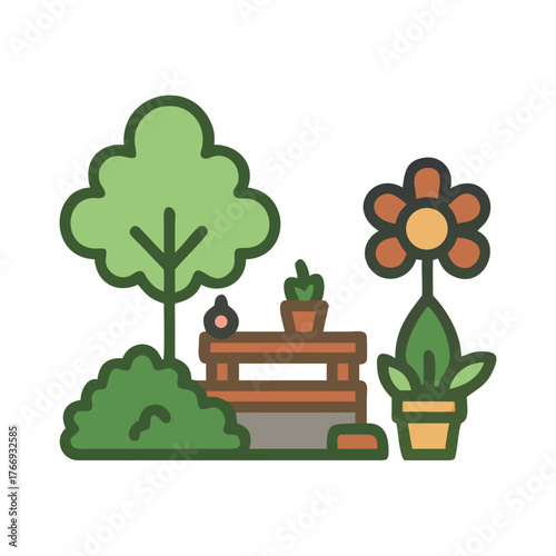 Illustration of a vibrant garden scene featuring a tree, flowers and potting bench