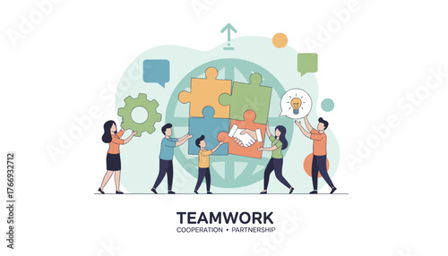 Vibrant flat illustration of a business concept team metaphor, showcasing diverse people connecting puzzle pieces to form a cohesive unit, symbolizing cooperation, partnership, and shared success