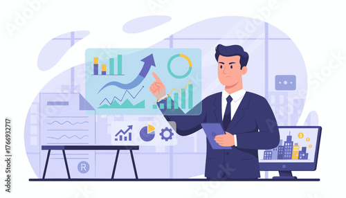 Modern business data analytics research concept illustration featuring a focused businessman in a suit presenting financial charts and graphs on a transparent screen, symbolizing growth and strategy
