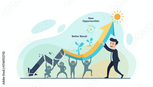 Dynamic business transformation illustration: a determined businessman pushes an upward trending arrow representing growth and new opportunities, overcoming obstacles and negative trends symbolized