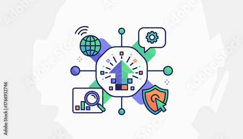 Abstract digital marketing business strategy icons with upward arrow, globe, magnifying glass, shield, and gear, representing growth, analytics, security, and technology in a connected network