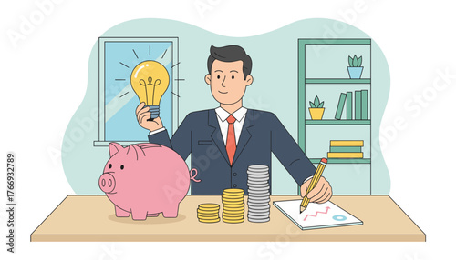 A smiling businessman in a suit holds a glowing lightbulb, symbolizing a bright idea, next to a pink piggy bank and stacks of coins, while writing on a notepad with a pencil, representing financial