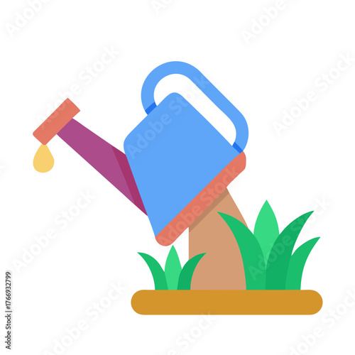 Illustration of a colorful watering can irrigating grass against a black background