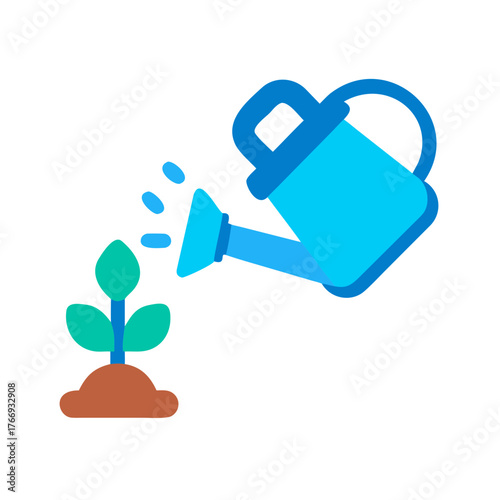 Watering can irrigates a young plant seedling in flat vector illustration style.