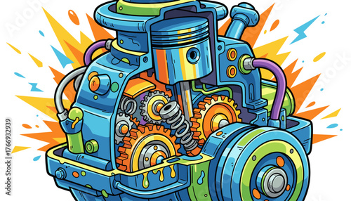 Detailed illustration of a colorful, cartoon-style cutaway of a car engine, showcasing intricate gears, a piston, and springs, set against a vibrant, explosive background with yellow and orange