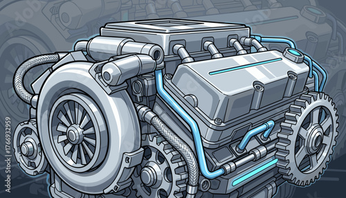 Detailed illustration of a modern car engine's internal components, featuring a prominent turbocharger, intricate gears, and glowing blue fluid lines, presented in a clean, stylized graphic art style