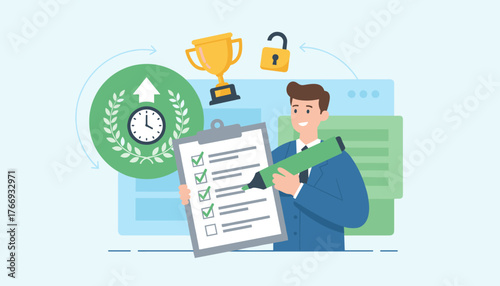 Successful business man with a checklist and marker, completing tasks and achieving goals, symbolized by a trophy and an unlocked padlock, representing productivity and success in a modern office