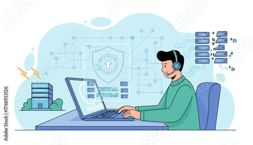 Disaster Recovery Concept: IT System Protection and Uptime Assurance with a Technician Monitoring Critical Systems on a Laptop, Shield Icon with Upward Arrow, and Damaged Servers Symbolizing Failure