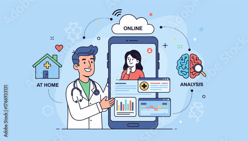 Modern flat illustration of a doctor consulting a patient online via a smartphone, representing telemedicine and remote healthcare services, with icons for analysis, at-home care, and cloud