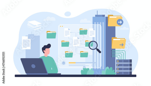 Modern flat illustration of a document management system concept, showing a person working on a laptop, a digital interface with folders and documents, a magnifying glass for search, and server racks