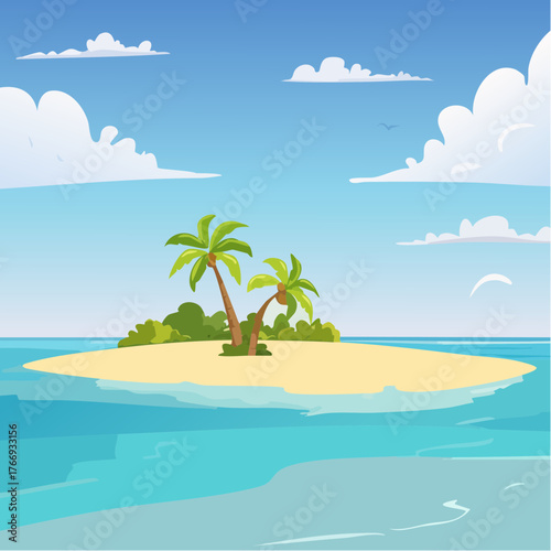 Scenic vista of a tropical atoll with clear waters and sandy shores under a bright blue sky