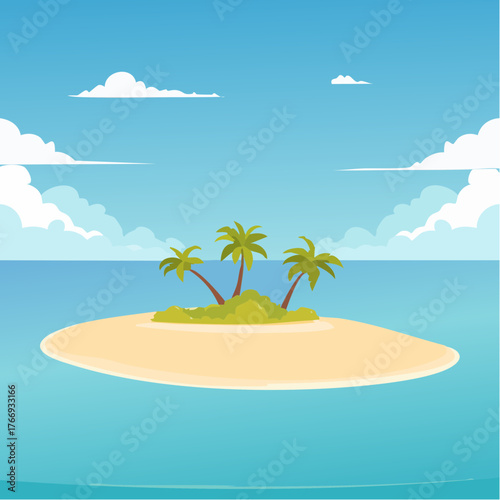 Scenic vista of a tropical atoll with clear waters and sandy shores under a bright blue sky