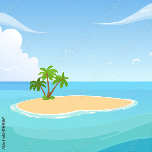 Scenic vista of a tropical atoll with clear waters and sandy shores under a bright blue sky