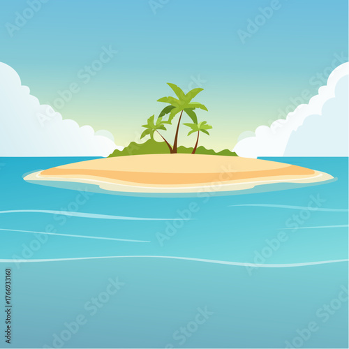 Scenic vista of a tropical atoll with clear waters and sandy shores under a bright blue sky
