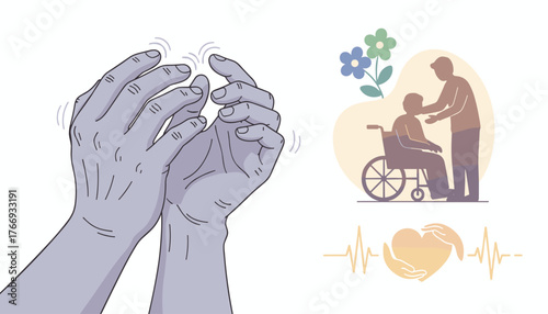 Illustration depicting the physical manifestations of Parkinson's disease, including trembling hands and the supportive care provided to an elderly individual in a wheelchair, symbolizing compassion