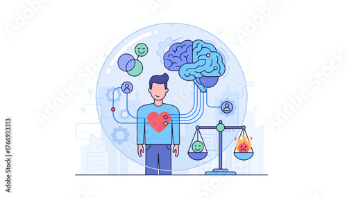 Conceptual illustration of emotional intelligence (EI) and the balance between logic and emotion, depicting a human figure with a heart and brain connected to scales weighing happiness and anger