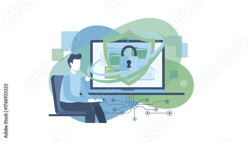Conceptual illustration of employee confidentiality and data security, featuring a person using a laptop with a prominent shield and padlock icon symbolizing protection of sensitive information and