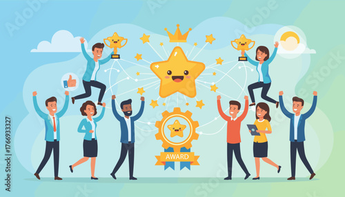 Vibrant illustration of a diverse team celebrating success and achievement with trophies, stars, and a prominent golden star at the center, symbolizing employee engagement, commitment, and motivation