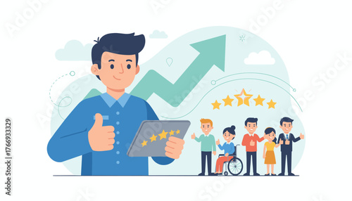 Positive employee survey and customer review rating performance with a businessman showing a thumbs up and a tablet displaying stars, alongside a diverse group of happy people, including someone in a