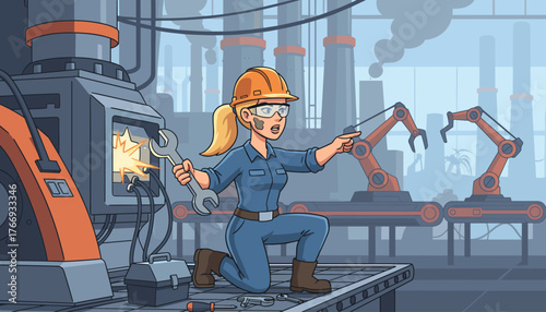 A determined female engineer in a hard hat and safety glasses, covered in a bit of grease, kneels on a factory floor holding a wrench and pointing towards a sparking machine, with robotic arms and