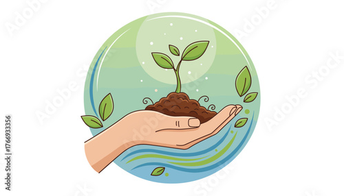 Close-up of a nurturing female hand gently holding a small, vibrant green sapling emerging from rich brown soil, symbolizing growth, new beginnings, and environmental care, set against a soft
