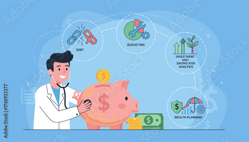Financial health check-up concept with a doctor examining a piggy bank, symbolizing debt management, budgeting, investment, saving, risk analysis, and wealth planning, illustrating financial wellness