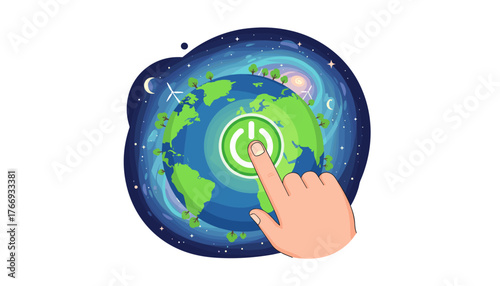 A human finger presses a glowing green power button superimposed on a stylized Earth, symbolizing environmental activation and the start of a sustainable future, set against a cosmic background with