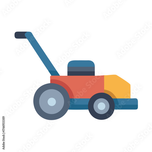 Stylized lawn mower illustration in flat design with primary colors isolated