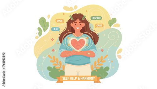 Vibrant illustration of a woman embracing self-love and self-respect, holding a glowing heart symbol, surrounded by abstract shapes and foliage, representing inner peace and harmony, with keywords