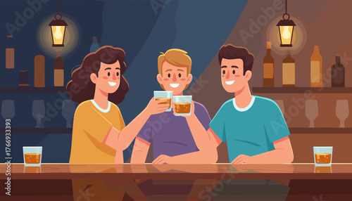 Three smiling friends, two men and one woman, clinking whiskey glasses together in a toast at a dimly lit bar, with shelves of bottles and glasses in the background, creating a warm and convivial