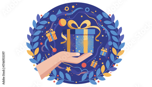 Hand holding a beautifully wrapped gift box with a golden ribbon, surrounded by festive confetti, streamers, and decorative elements, symbolizing surprise, reward, bonus, and celebration, perfect for