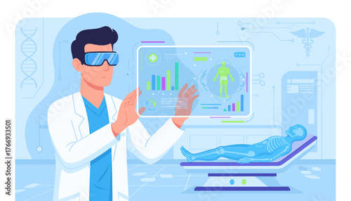 Futuristic healthcare concept: a scientist wearing VR goggles interacts with a holographic display showing DNA, human anatomy, and medical data, with a patient lying on a futuristic bed in the