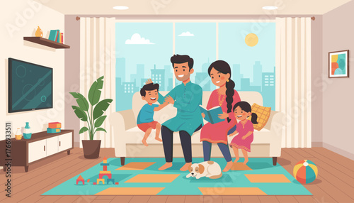 Joyful Indian family with two children, a son and a daughter, spending quality time together at home, reading a book and playing, with a dog resting nearby, creating a warm and loving atmosphere in a
