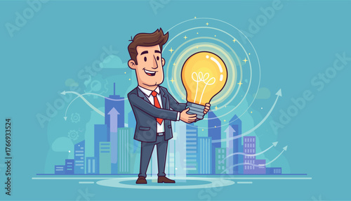 Enthusiastic businessman in a suit holding a bright, glowing lightbulb, symbolizing innovation and new ideas, with a cityscape and upward trending arrows in the background, representing business