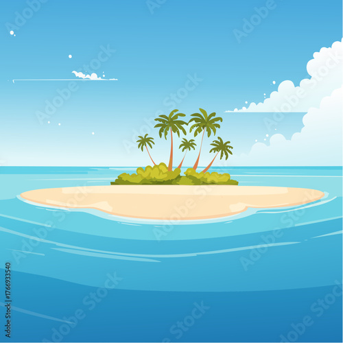 Scenic vista of a tropical atoll with clear waters and sandy shores under a bright blue sky