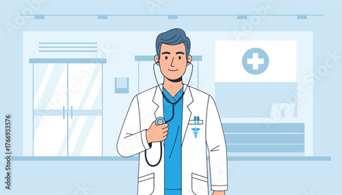 A friendly male doctor wearing a white lab coat and blue scrubs, holding a stethoscope in his hand, standing in a modern clinic or hospital reception area with glass doors and a medical cross symbol