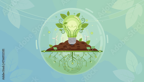 Vibrant illustration of a glowing green light bulb sprouting leaves and vines, rooted in soil with wind turbines and solar panels, symbolizing eco-friendly energy and innovation, enclosed in a clear