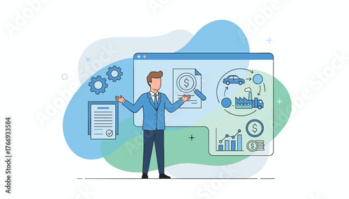 Business concept of leasing, a businessman in a suit presenting a document with a magnifying glass over a dollar sign, gears, and a flowchart illustrating car manufacturing and financial growth