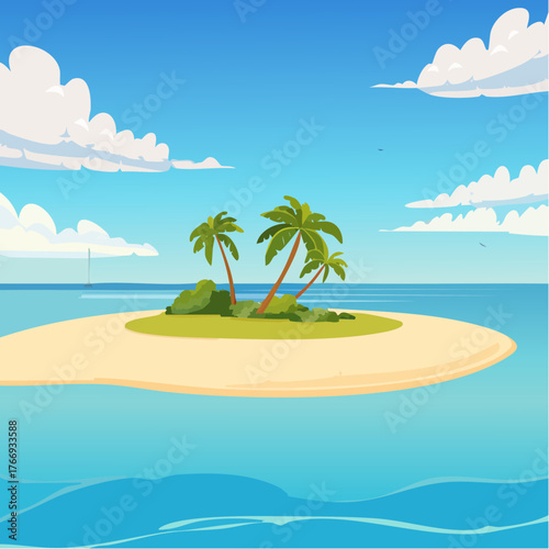 Scenic vista of a tropical atoll with clear waters and sandy shores under a bright blue sky