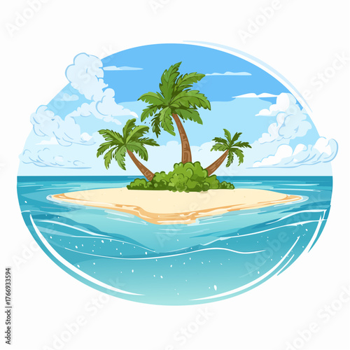 Scenic vista of a tropical atoll with clear waters and sandy shores under a bright blue sky